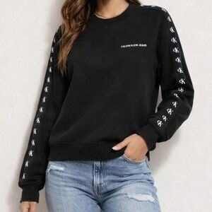 Calvin Klein Jeans Black Crewneck Sweatshirt with Logo-Taped Sleeves